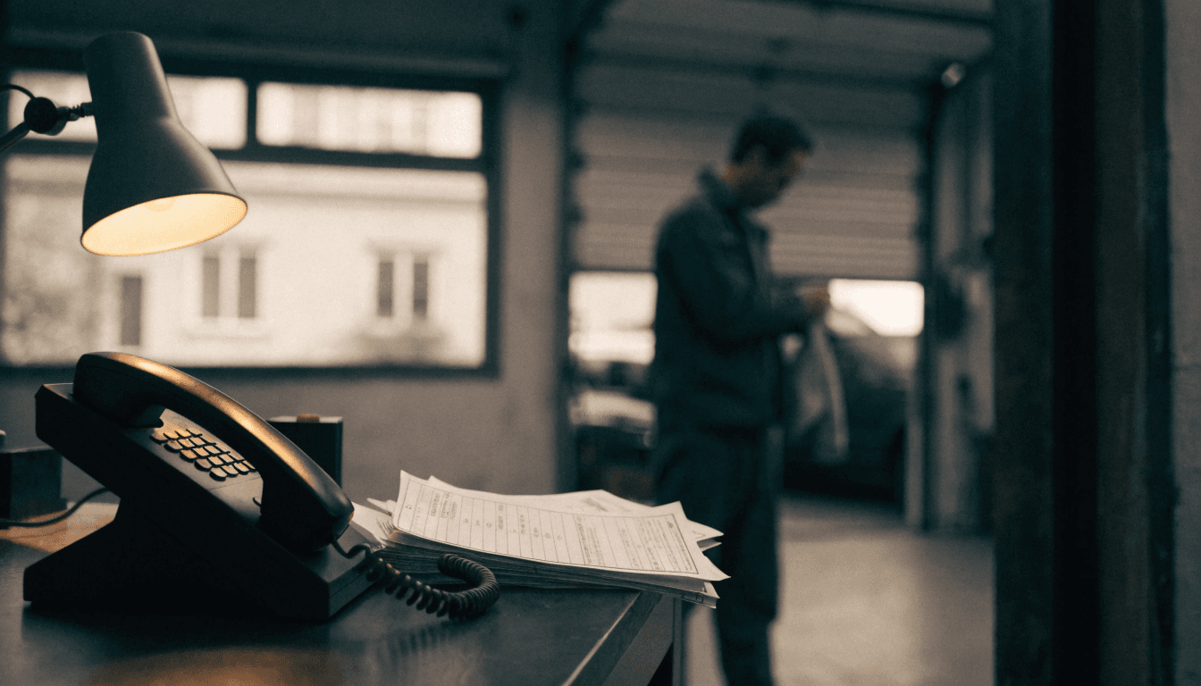 A landline desk phone with its handset off the hook on an auto repair shop front desk at dusk, a stack of paper job cards beside it, the owner out of focus in the workshop behind