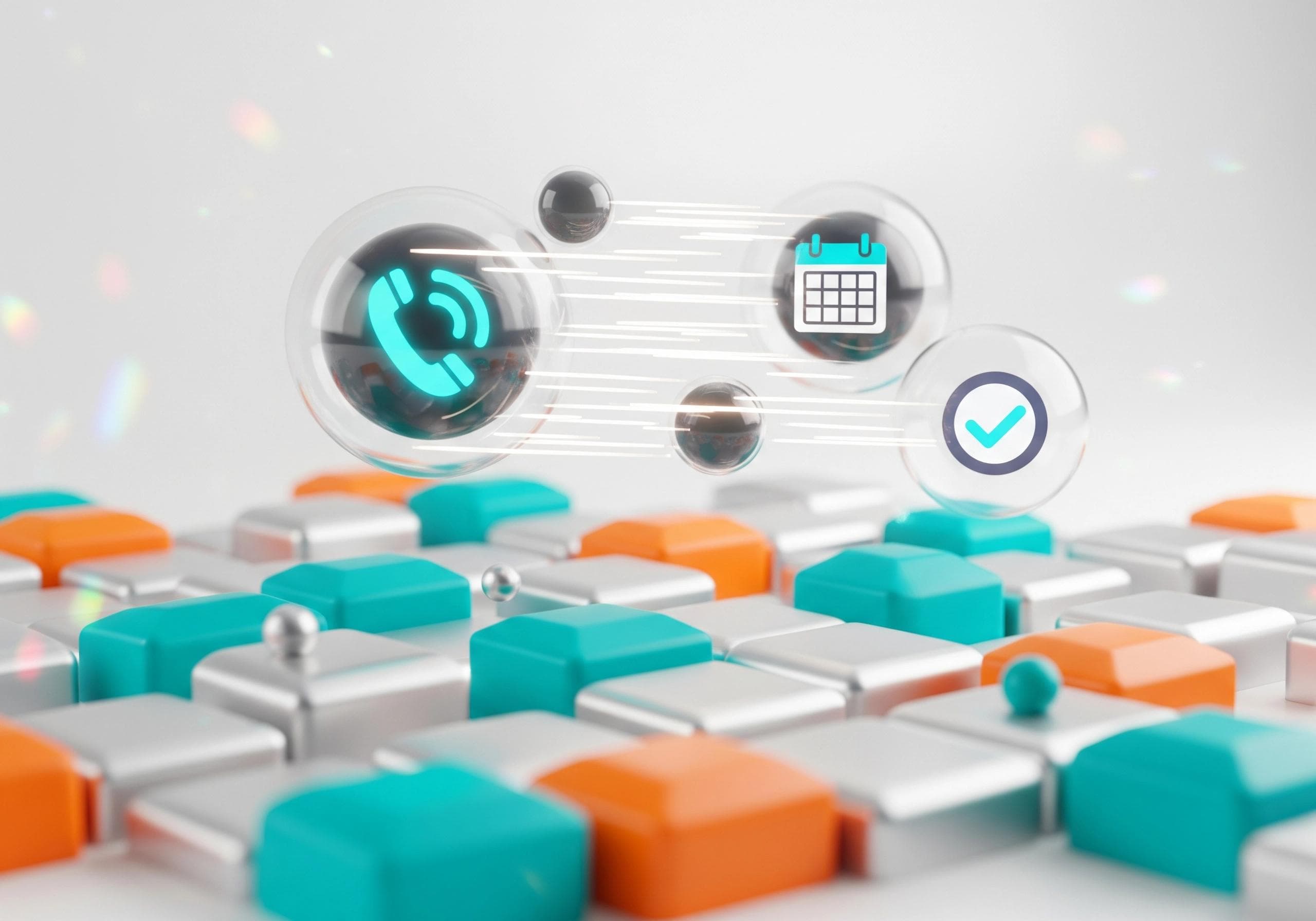 AI phone receptionist icons hovering above teal, orange, and white blocks.