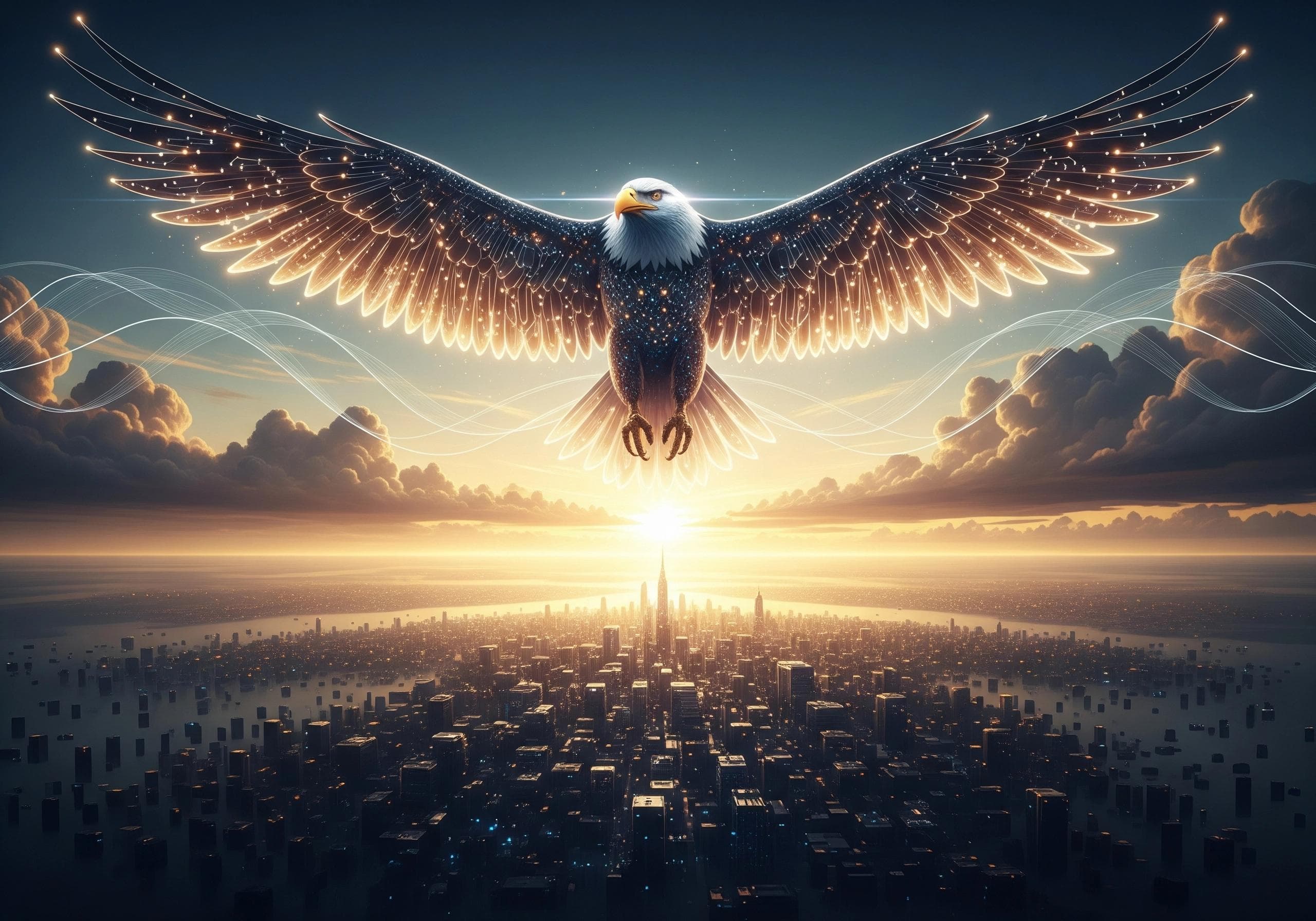Bald eagle soaring over a cityscape with a glowing sun, wings spread wide.