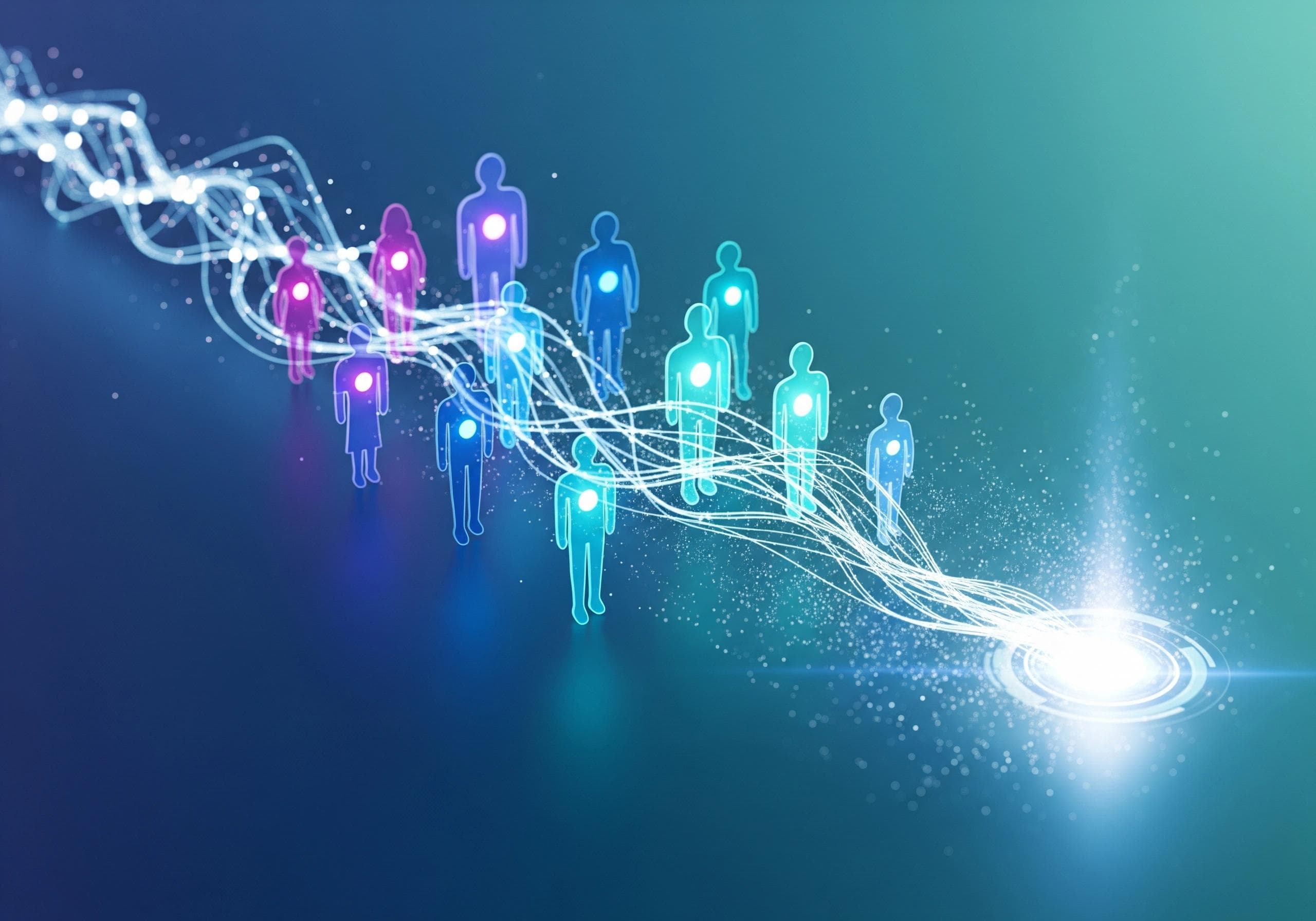 Abstract illustration of networked figures, representing AI virtual receptionist connectivity.