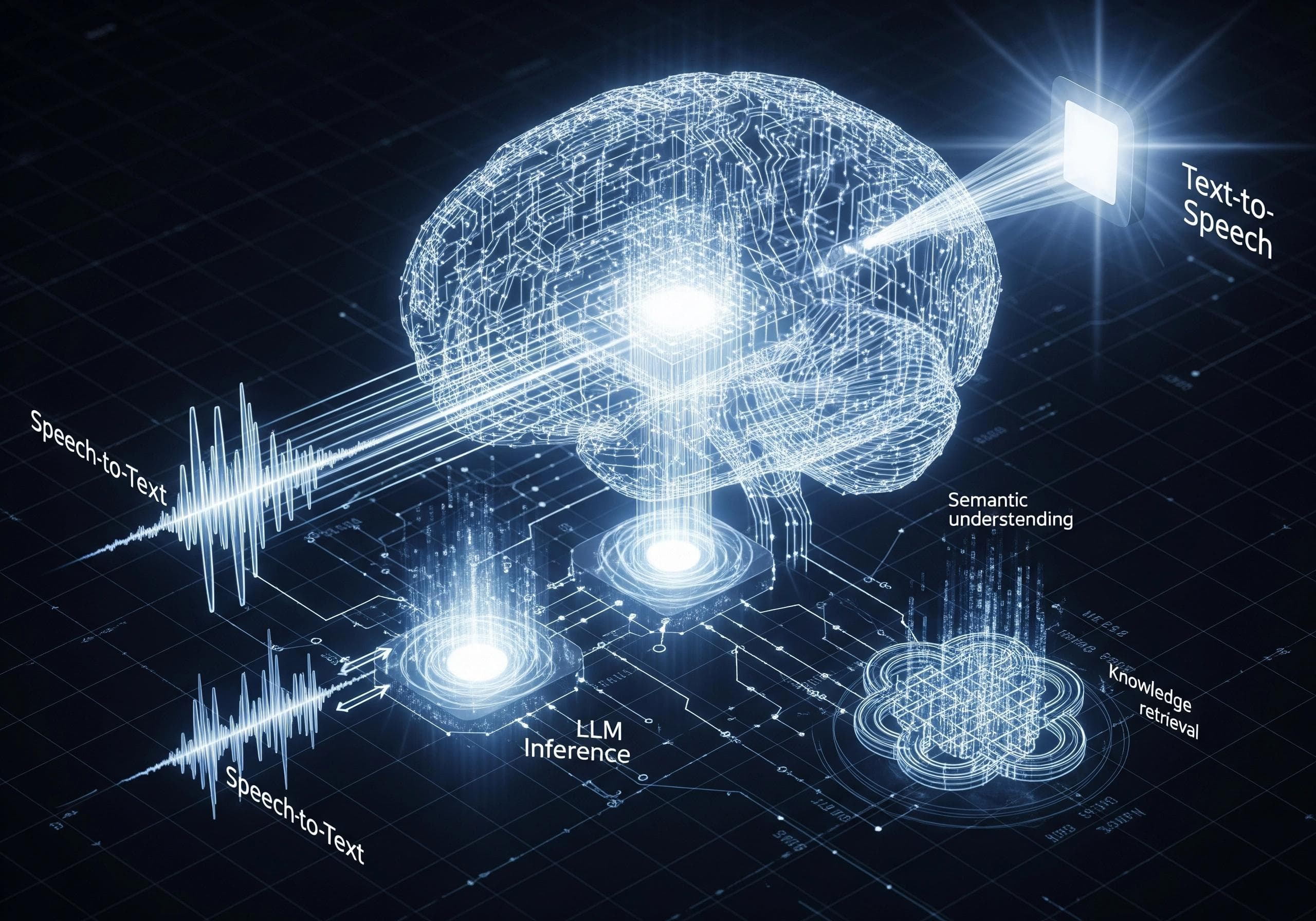 AI brain processes speech-to-text, text-to-speech for AI voice agent.