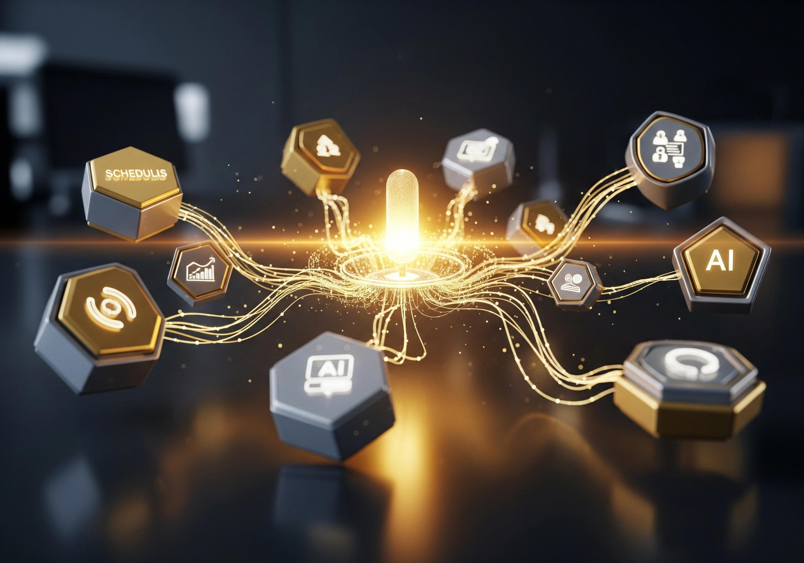 Floating microphone with icons showing AI tasks, such as scheduling and business efficiency.