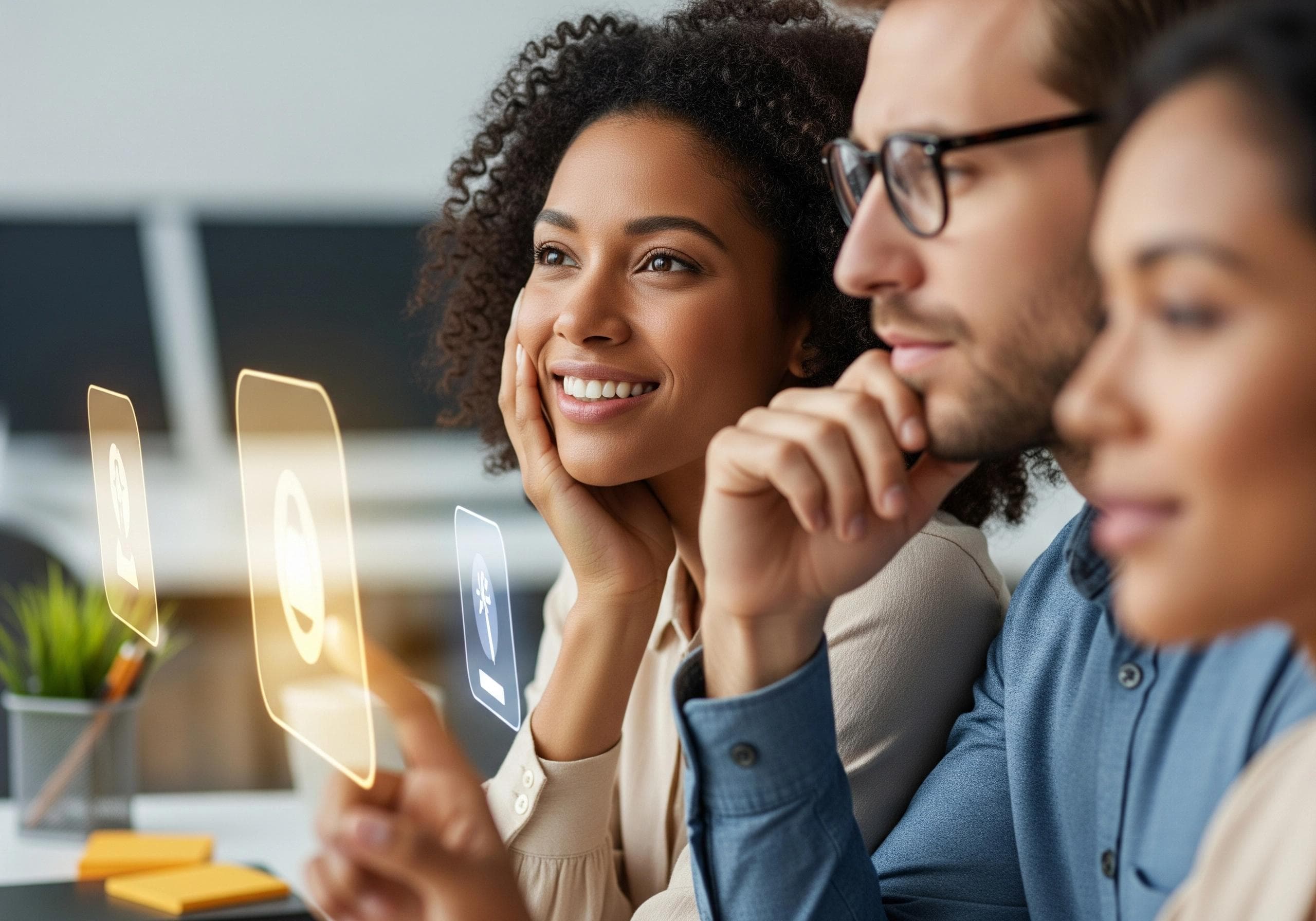 Diverse team uses transparent AI interface, imagining 2026's AI receptionist.