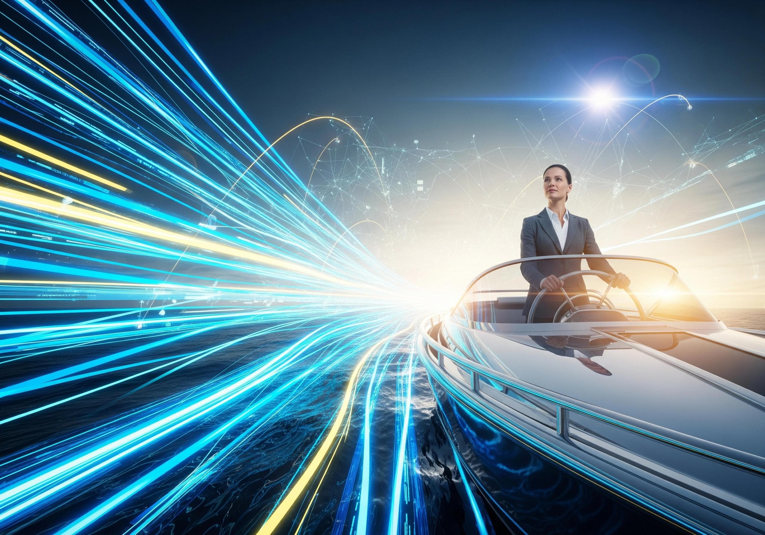 Woman driving a boat with abstract data streams, representing AI-powered business leadership.