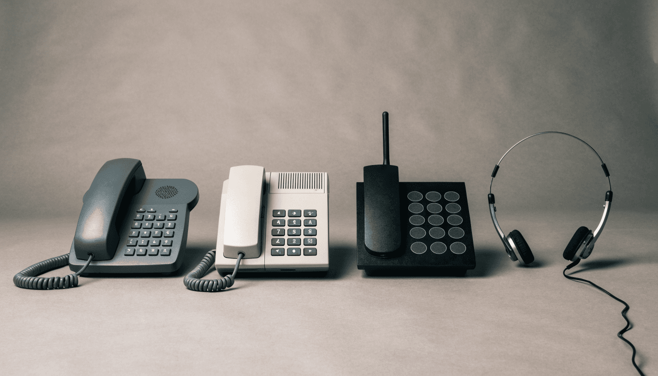 Several desk phones and a headset lined up side by side for comparison