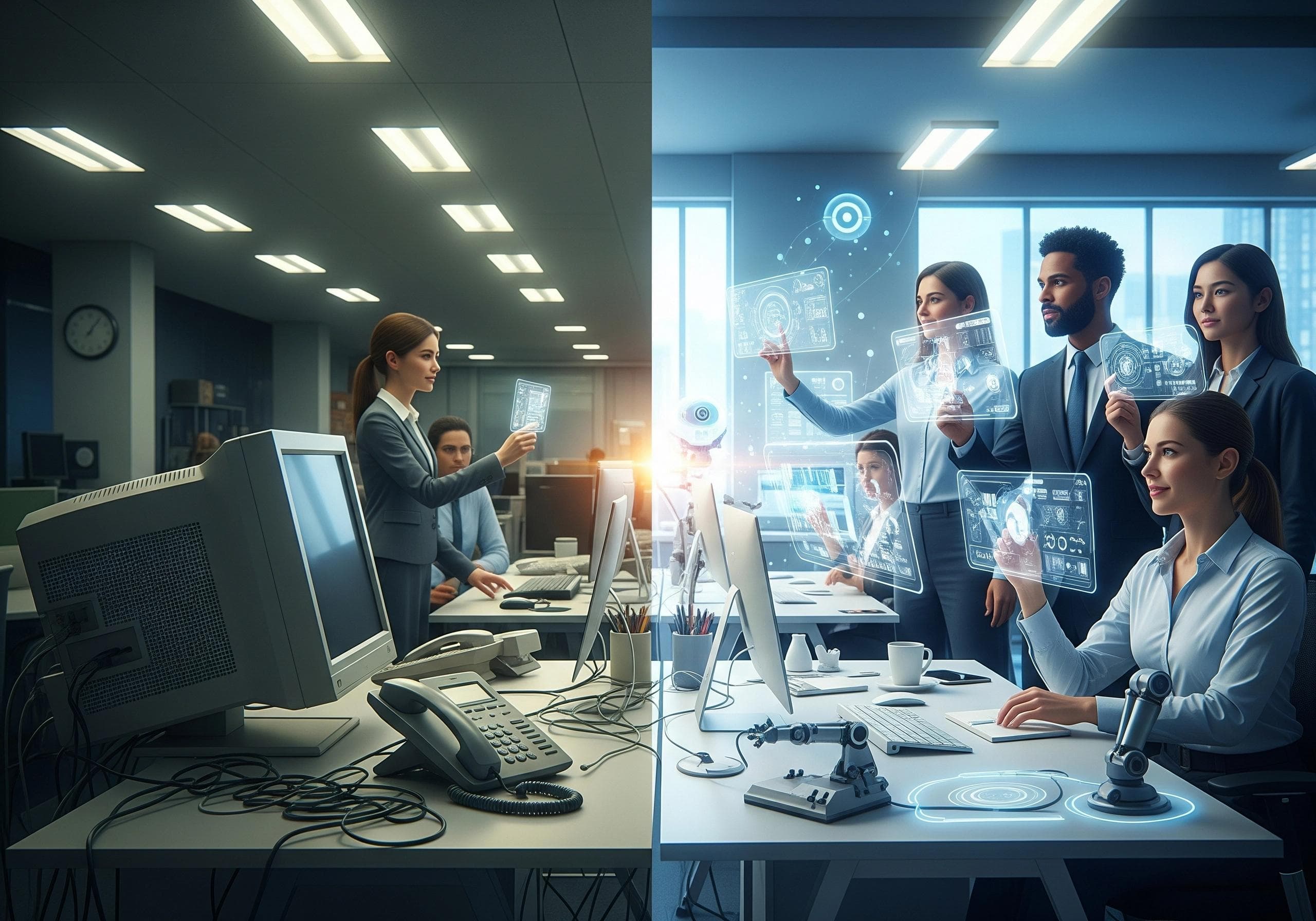 Office split: traditional vs smart office solutions with AI voice agent integration.