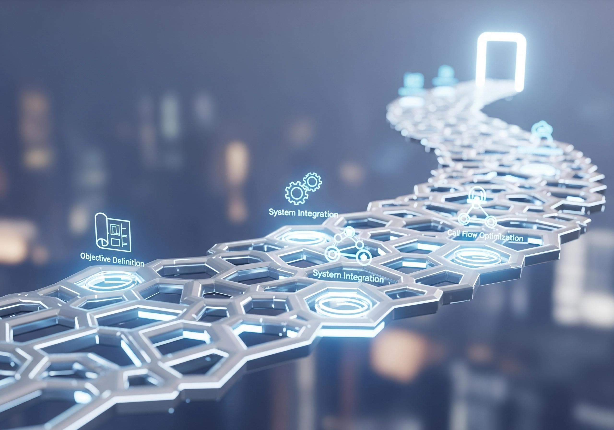 Abstract depiction of steps for system integration and call flow optimization.