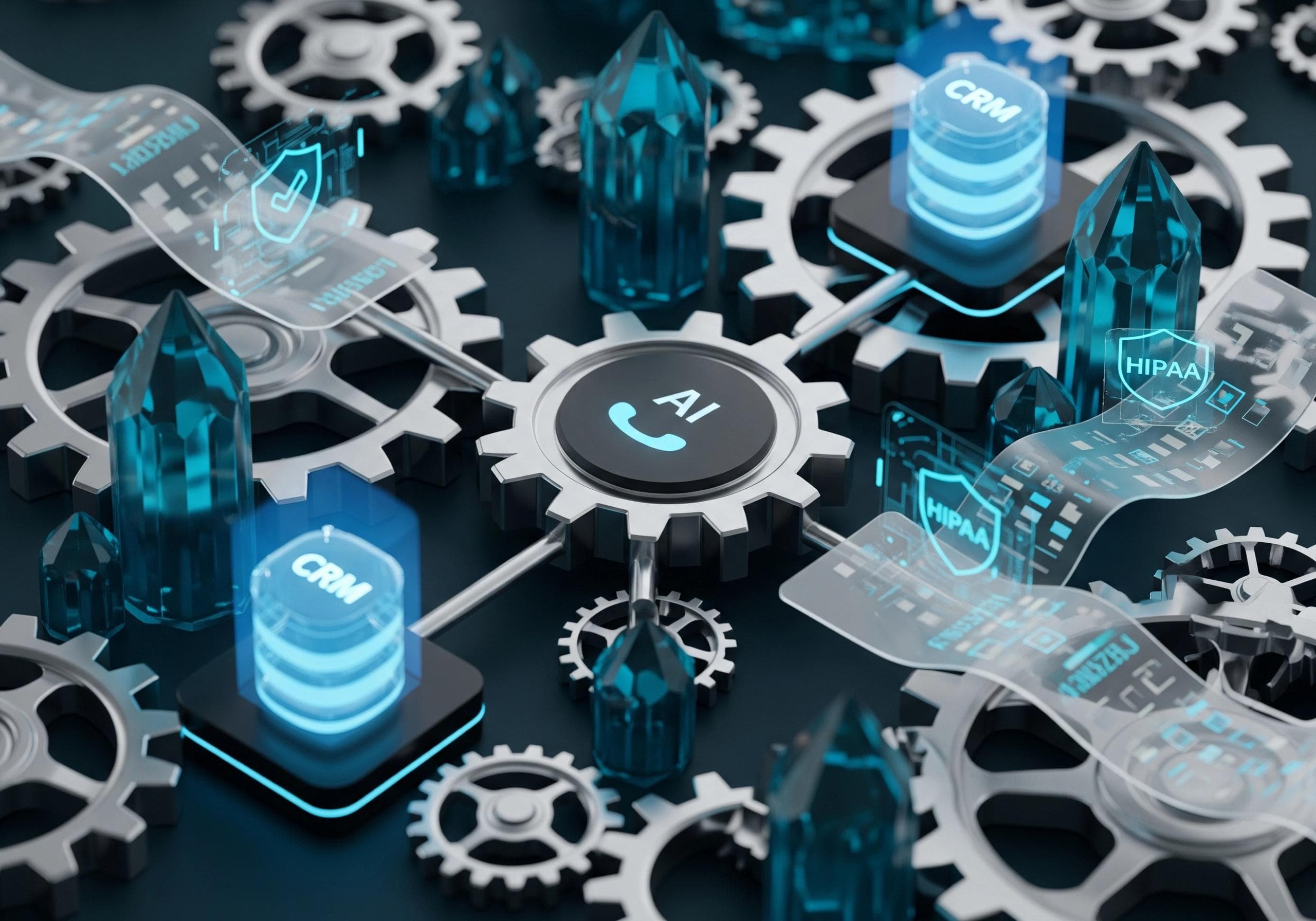 AI phone receptionist concept with gears, crystals, CRM, and HIPAA icons.