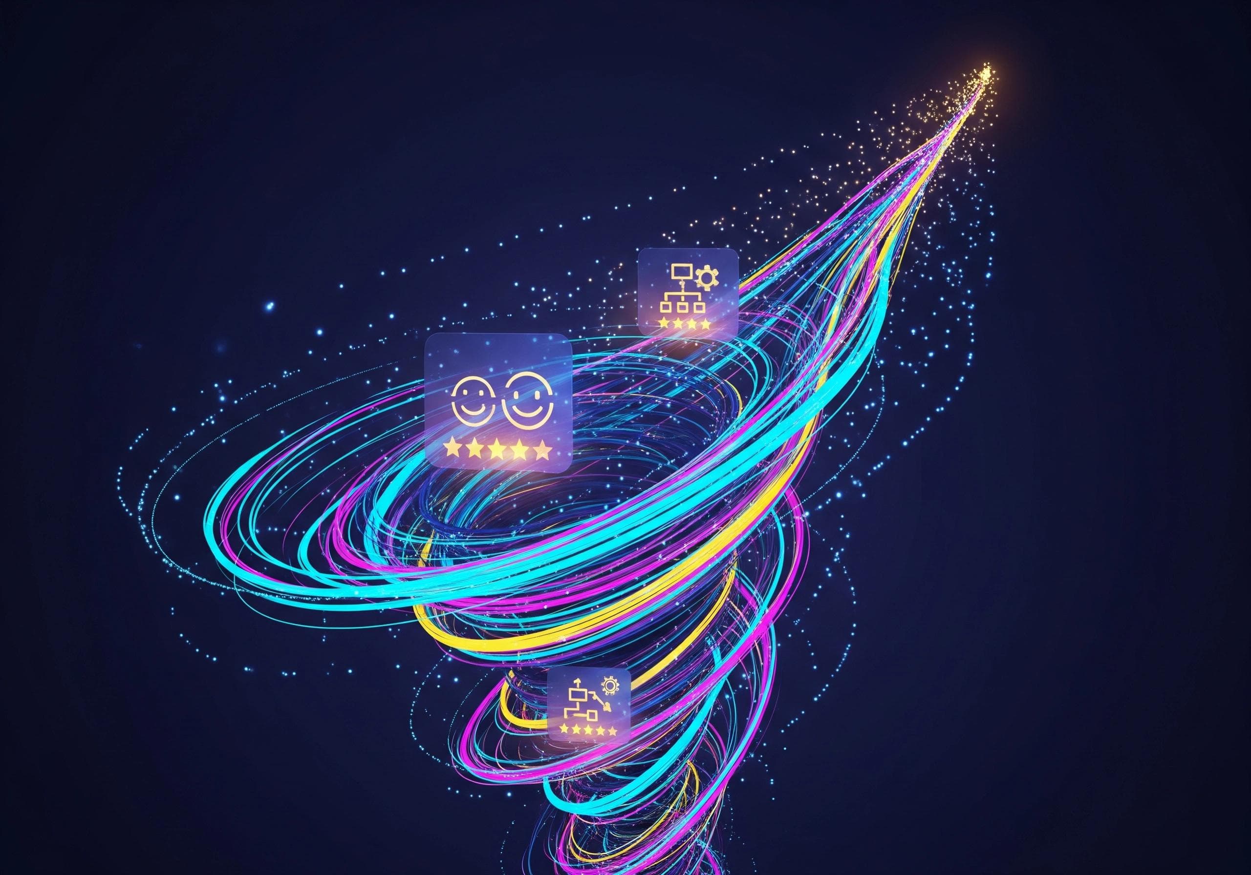 Abstract swirl of customer experience icons and five-star ratings