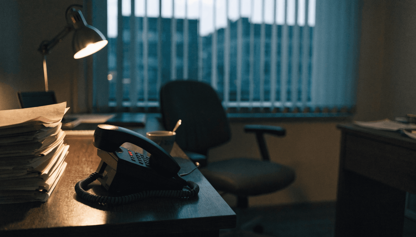 An empty chair pushed back from a small law office reception desk at dusk, with a desk phone, a stack of folders and a cup of tea lit by a single lamp