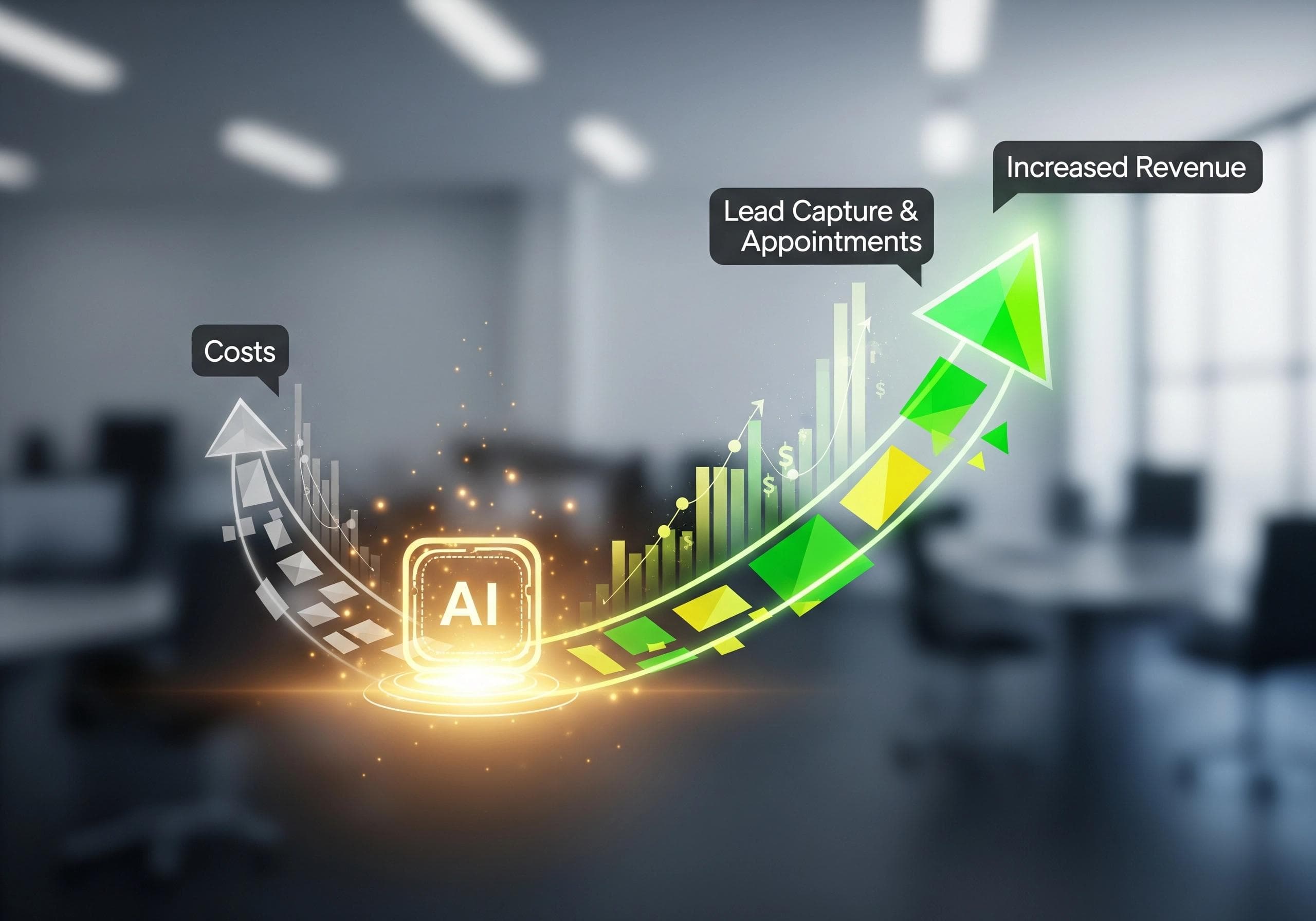 AI icon with rising arrow showing lead capture and increased revenue for AI receptionist.