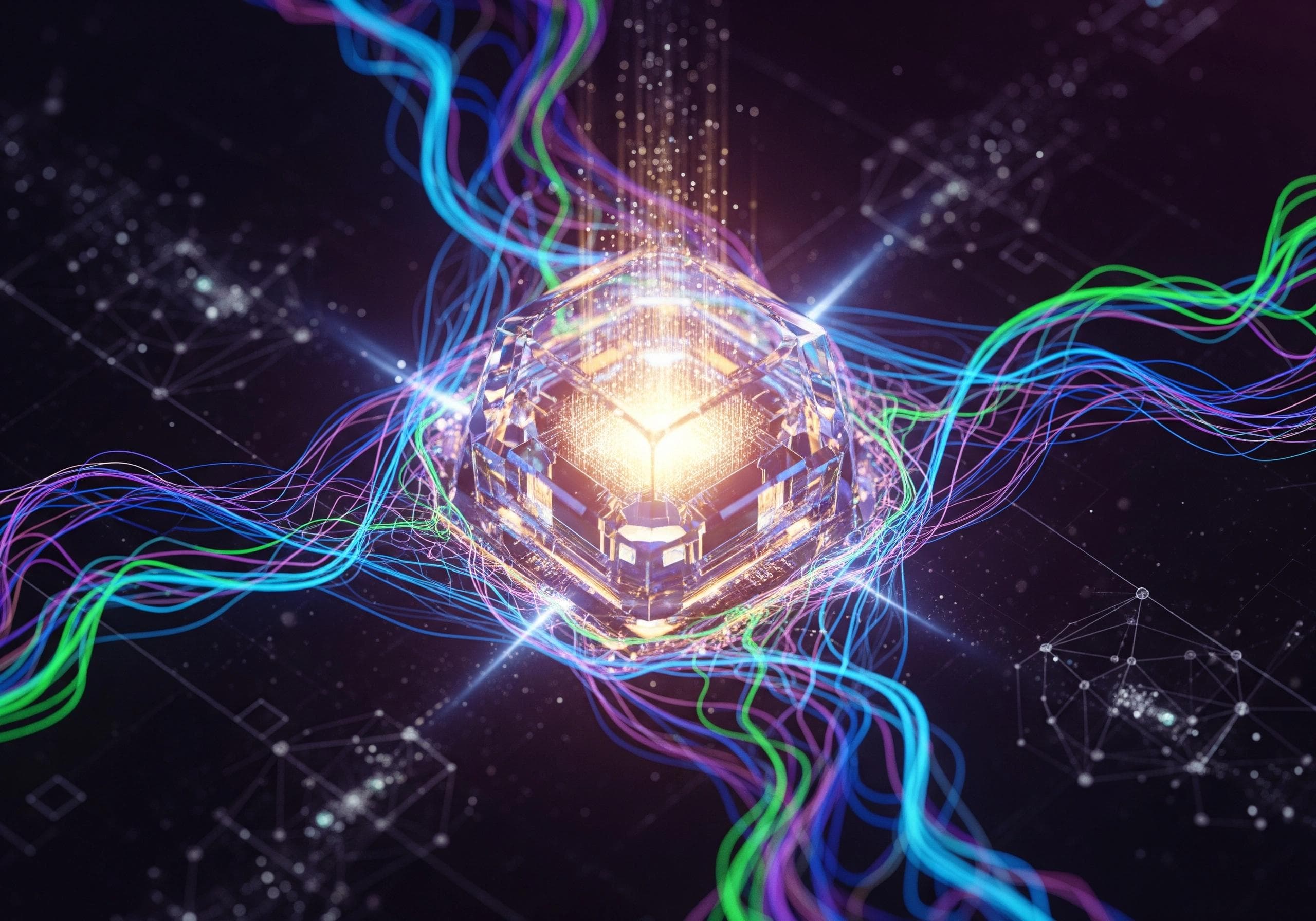 Abstract glowing cube with colorful light trails, representing AI technology.