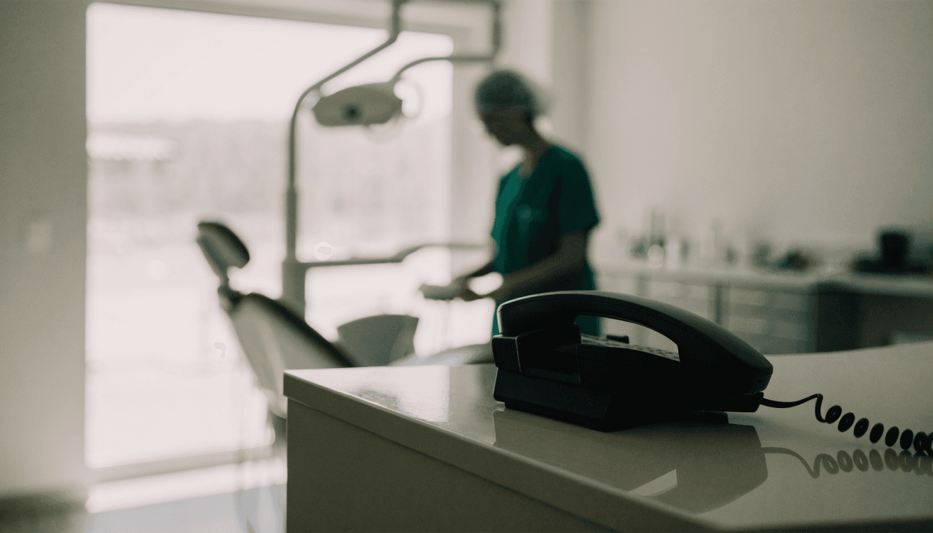 An unanswered phone at a dental clinic reception desk while a hygienist prepares a treatment room