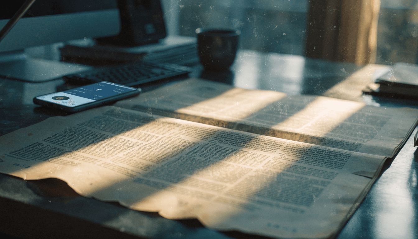 An open printed research report on a cluttered desk beside a smartphone lit up with an incoming call, late afternoon light across the pages