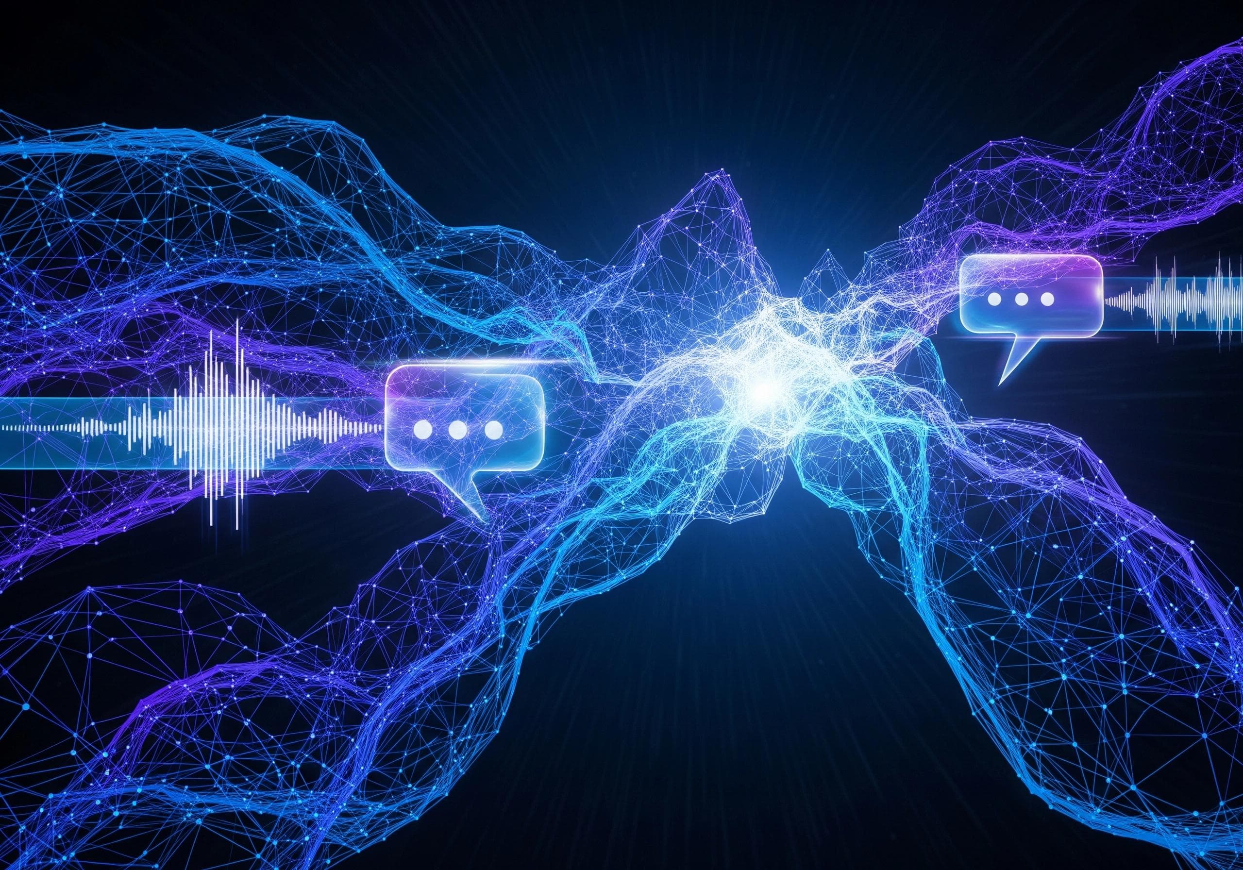 Abstract network of purple and blue lines connecting speech bubbles with sound waves.