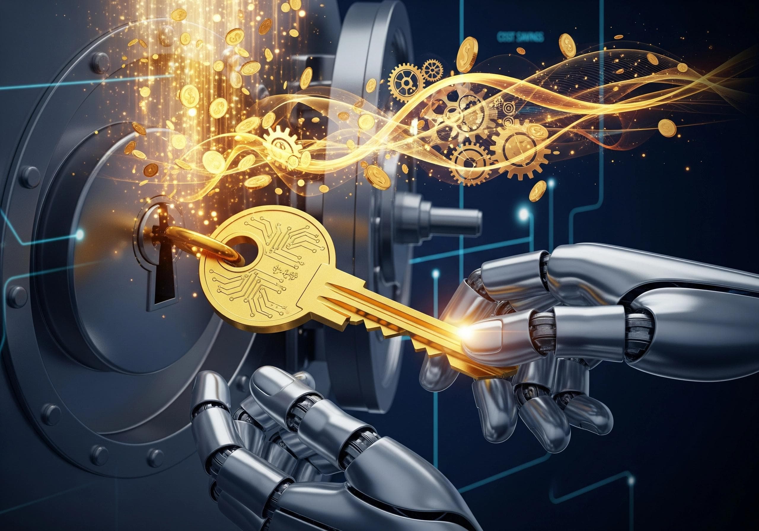 Robot hand holding gold key to AI voice agent cost savings.