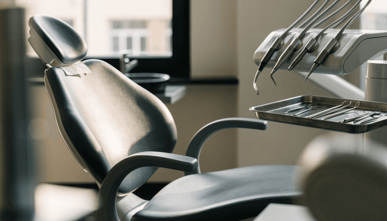 An empty dental treatment chair in a sunlit clinic operatory, a tray of sterile instruments laid out untouched beside it and a folded paper bib resting on the headrest