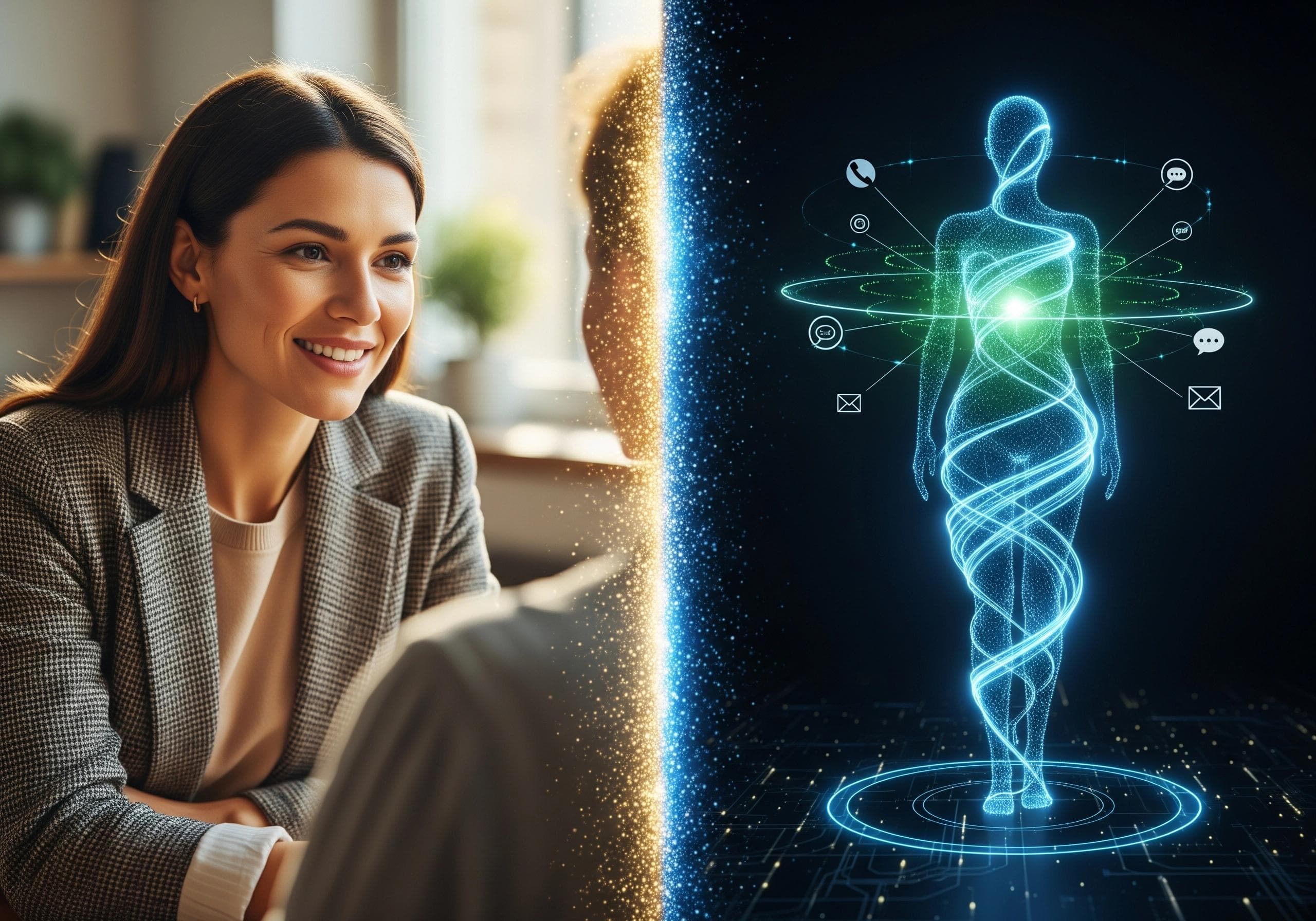 Smiling woman with an AI calling agent avatar, illustrating enhanced client interaction.