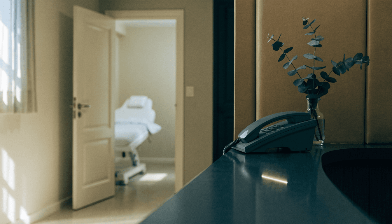 A desk phone sitting unanswered on an empty med spa reception counter, with the door to a treatment room standing open behind it