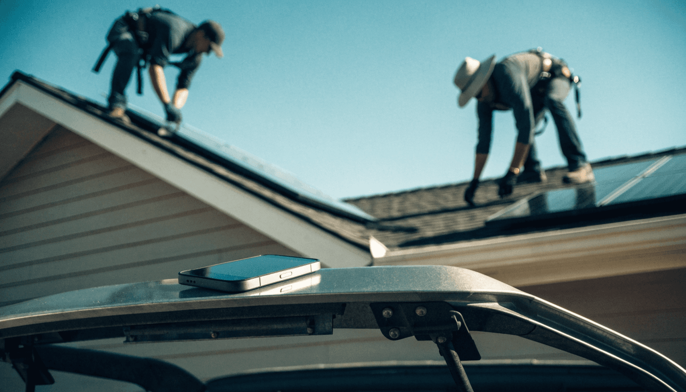 Solar installers working on a roof while a phone rings unanswered on their van tailgate