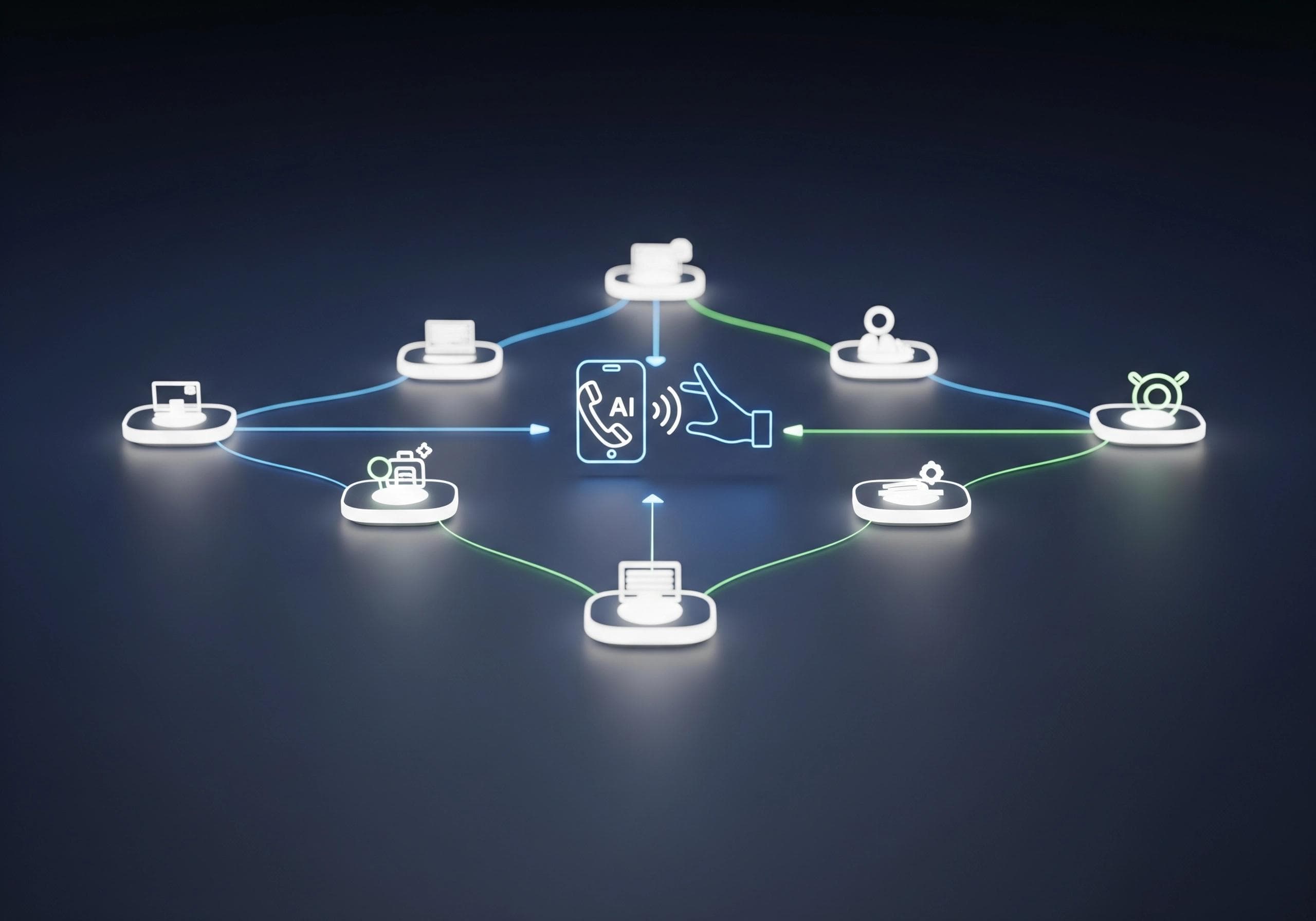 AI phone receptionist network connecting devices in a modern automated office.
