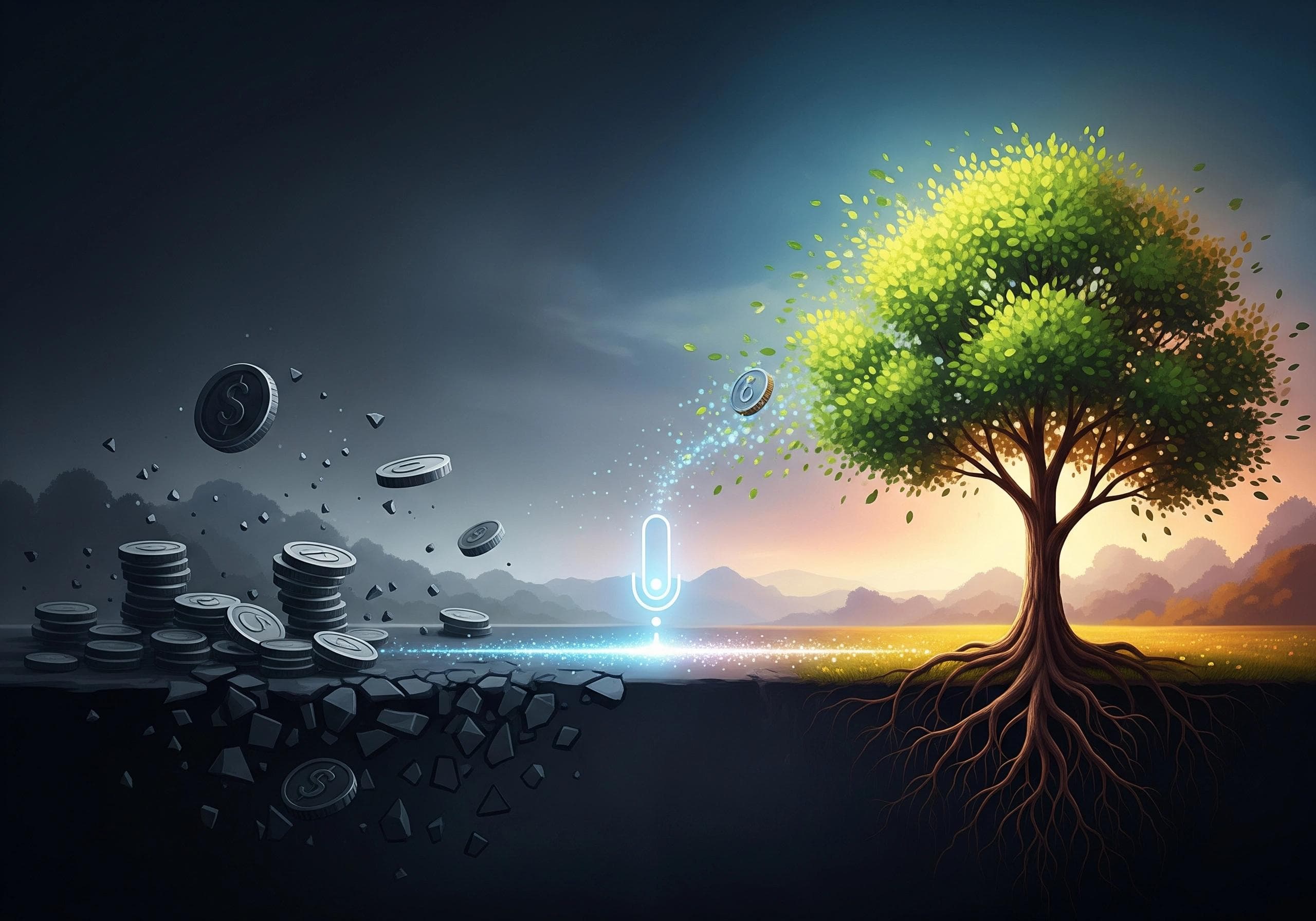 Illustration of coins transitioning into a tree, symbolizing growth from investment in AI voice agent technology.