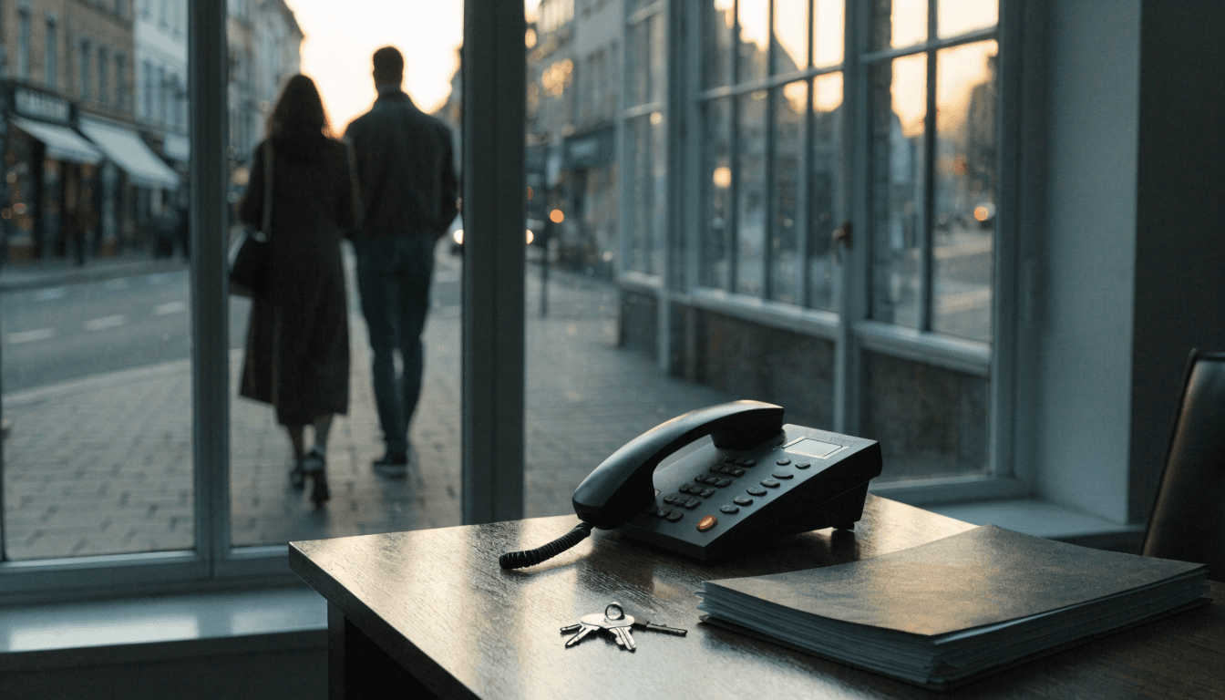 A ringing phone on an empty estate agency desk beside property keys as prospective buyers walk away