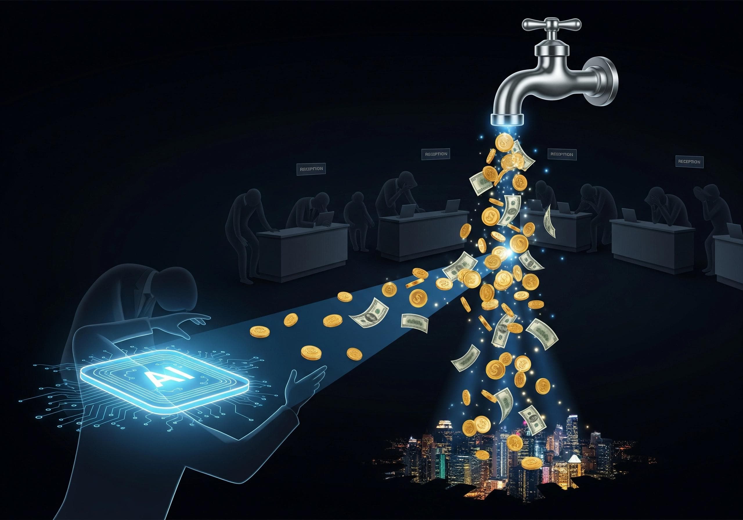 AI virtual receptionist concept: Money flows from a tap, powered by AI.