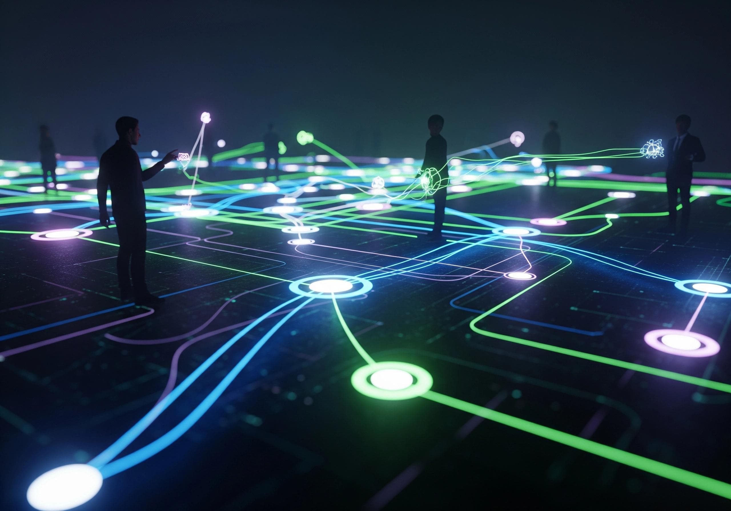Silhouetted figures standing on a connected network, representing AI calling agent connections.
