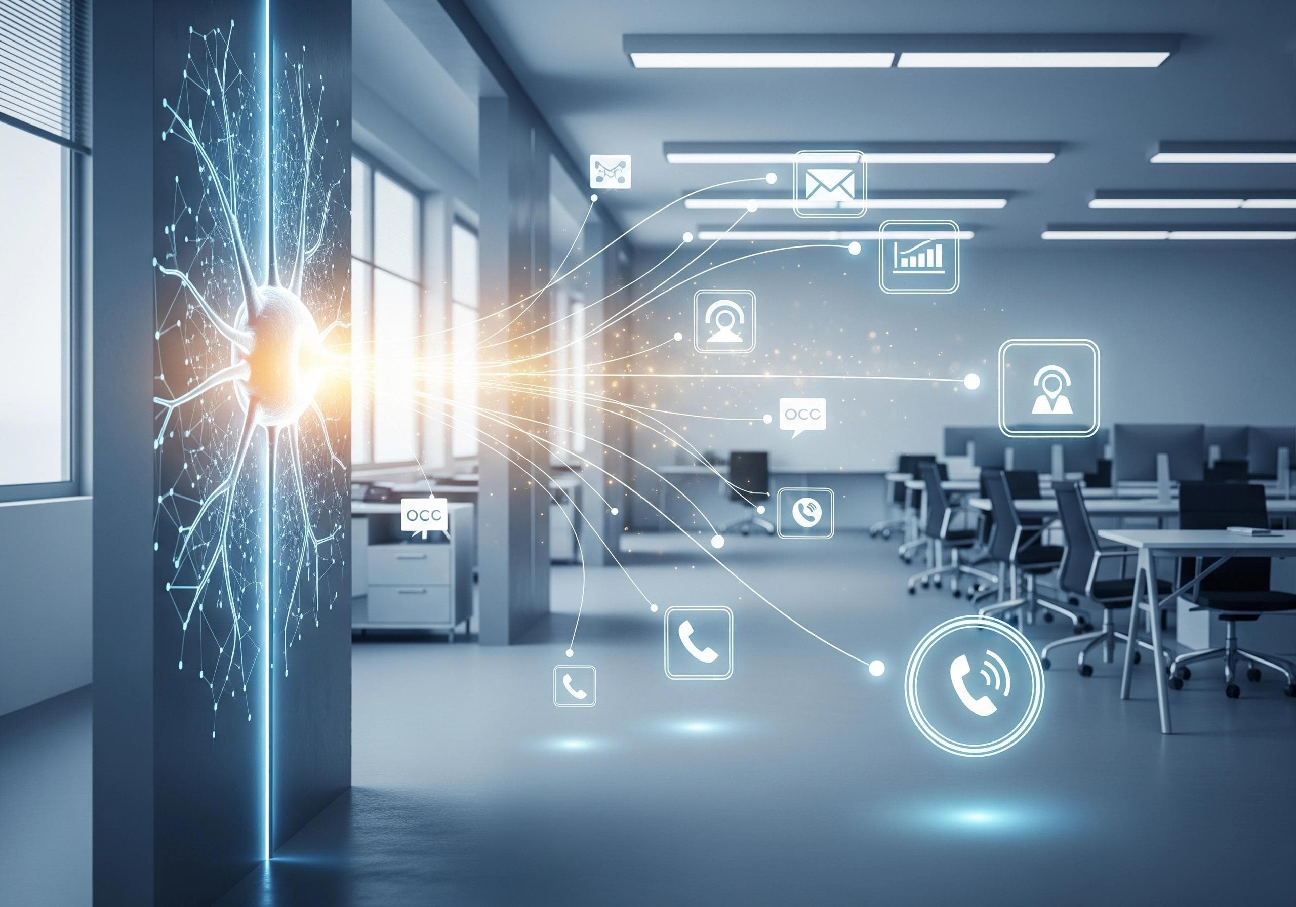 AI caller connecting with icons representing email, chat, and phone calls in a modern office.