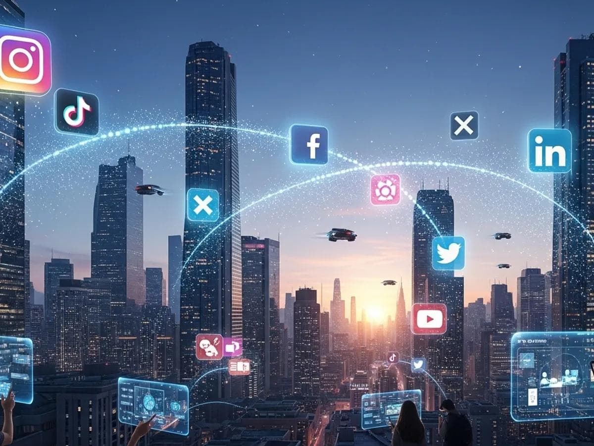 Futuristic cityscape with social media icons floating between skyscrapers.