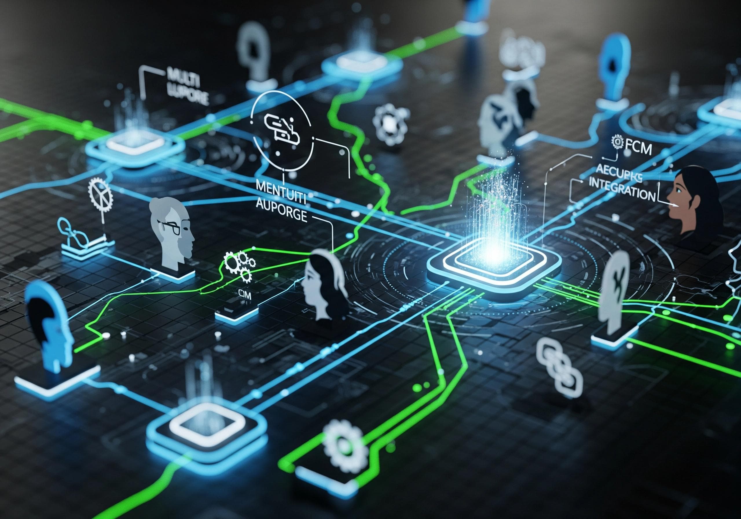 Abstract network diagram showing AI receptionist integration points and data flow.