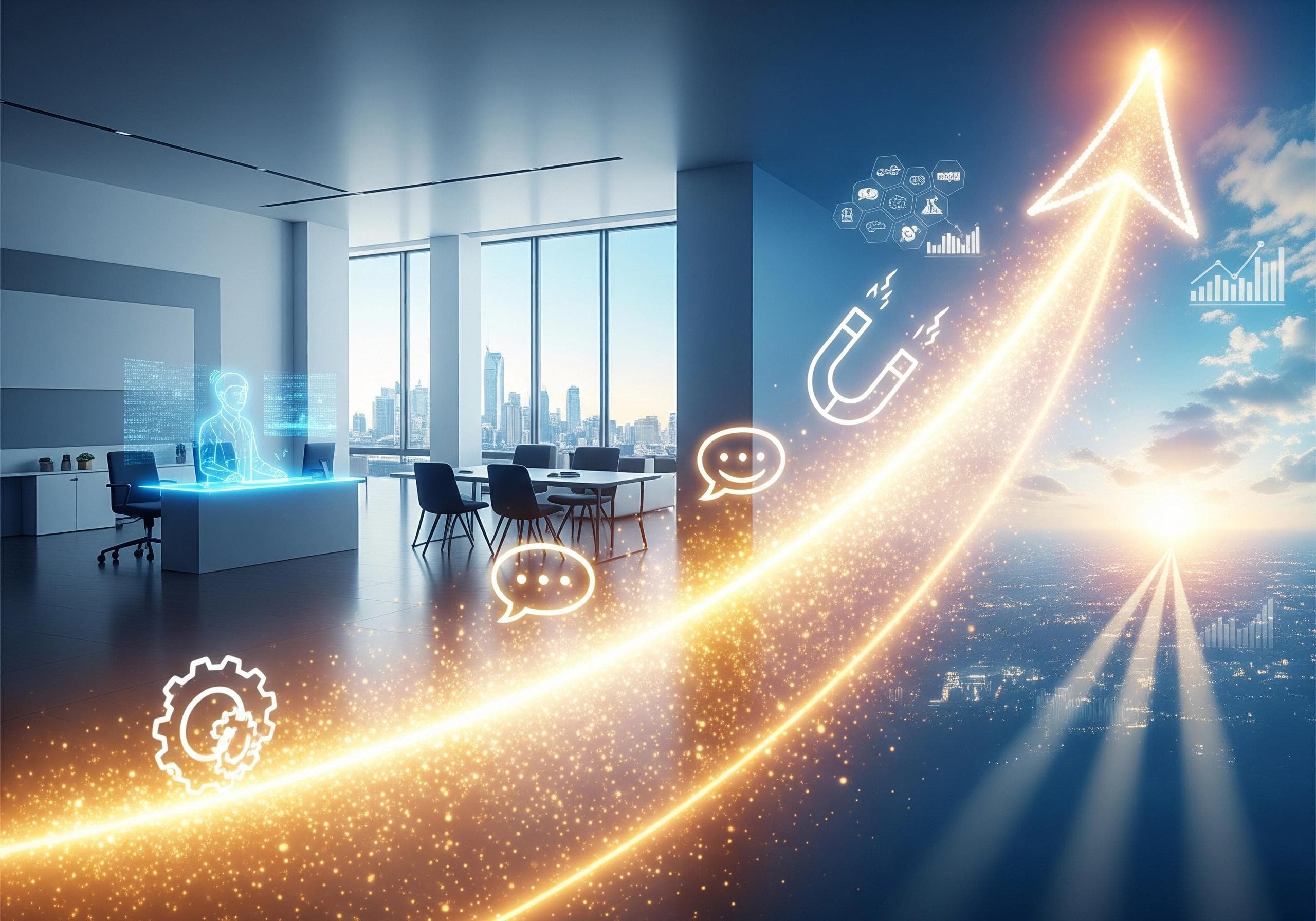 Office with rising arrow and icons, concept for AI virtual assistant integration.