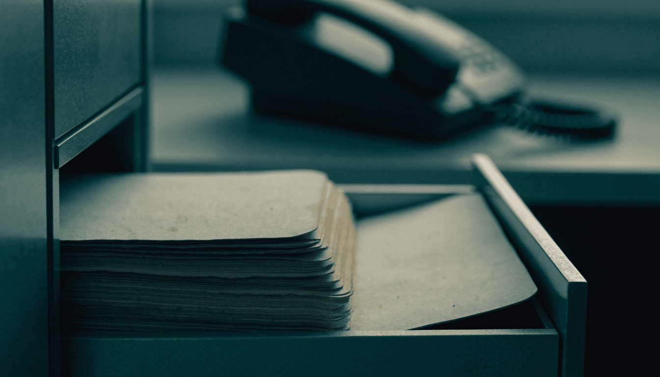 A thick stack of dusty paper record cards in an open metal filing cabinet drawer, one card pulled halfway out, a desk phone out of focus behind