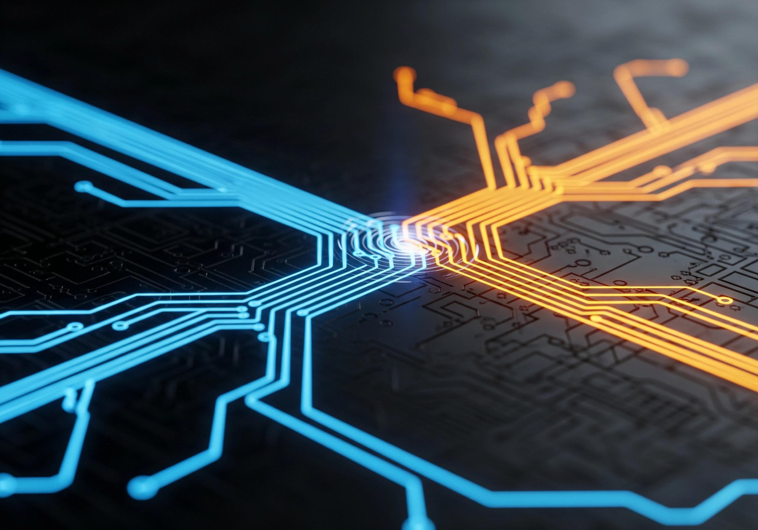 Abstract circuit board design with blue and orange pathways converging.