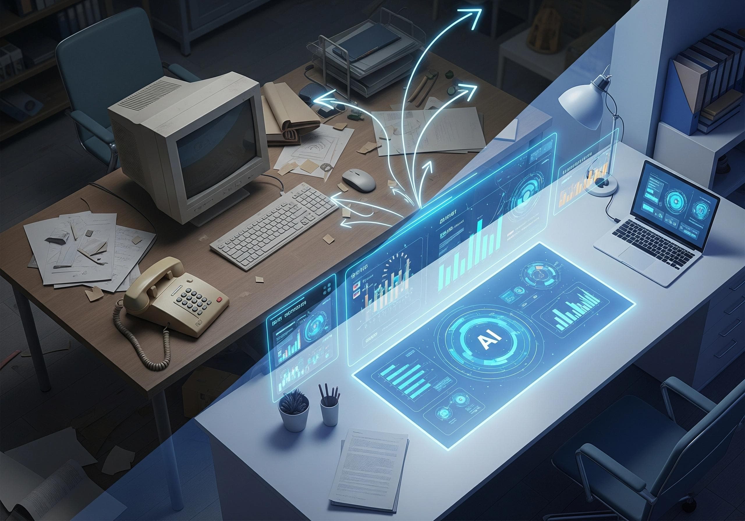 Side-by-side comparison of old and new office setups, highlighting AI receptionist efficiency.