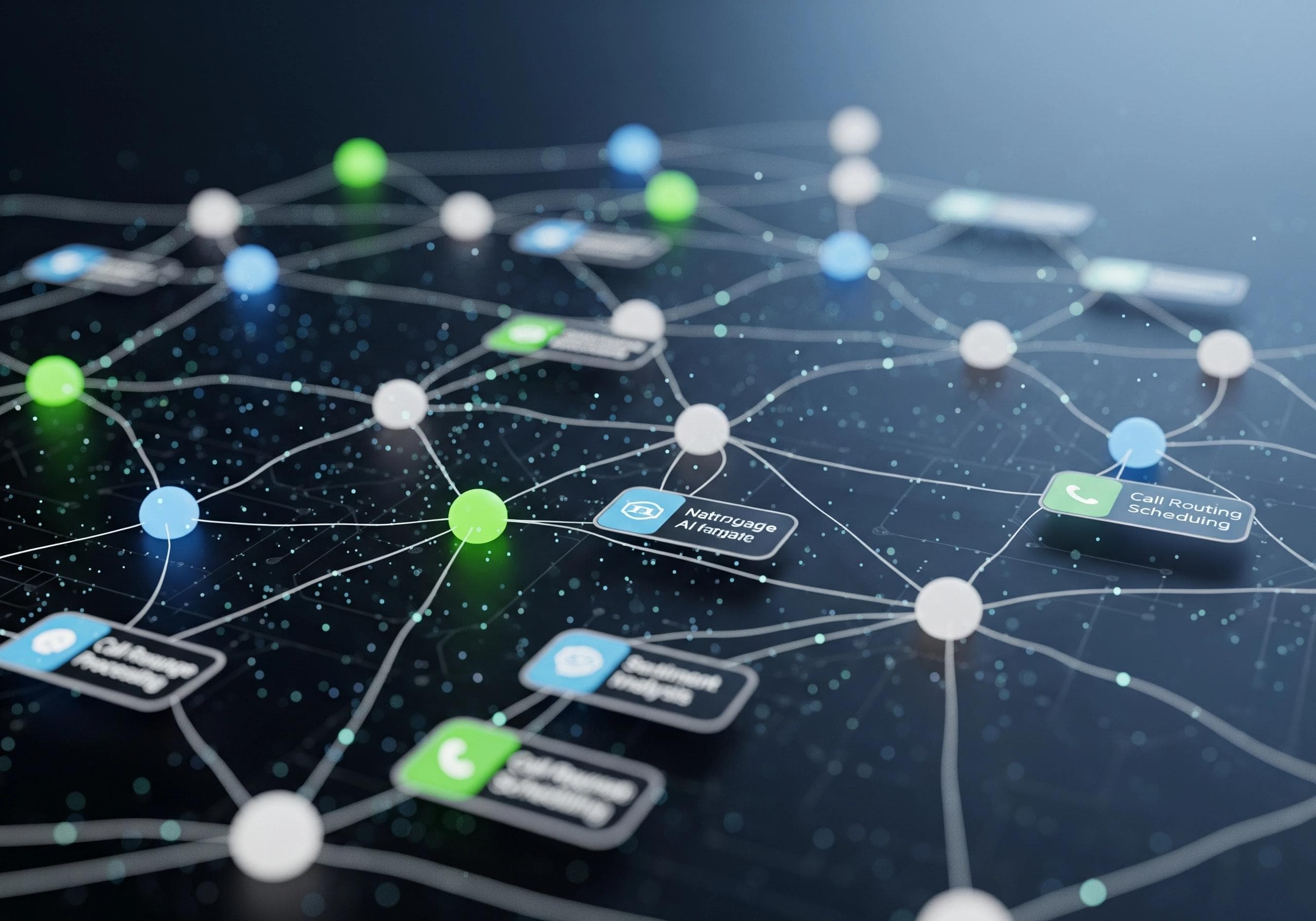 AI communication network, showing linked nodes for call routing, processing, and analysis.