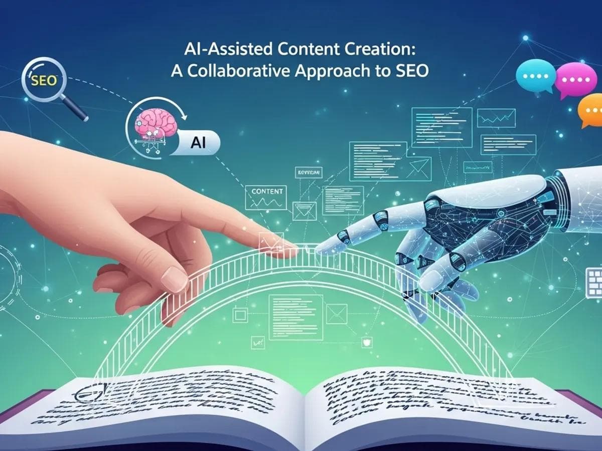 AI content creation illustration with human and robot hands over open book.