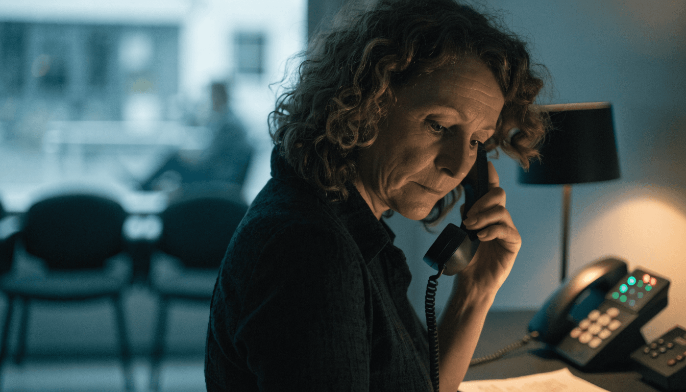A clinic receptionist stands behind an evening front desk holding a phone away from her ear with a doubtful expression while a second line blinks on the console