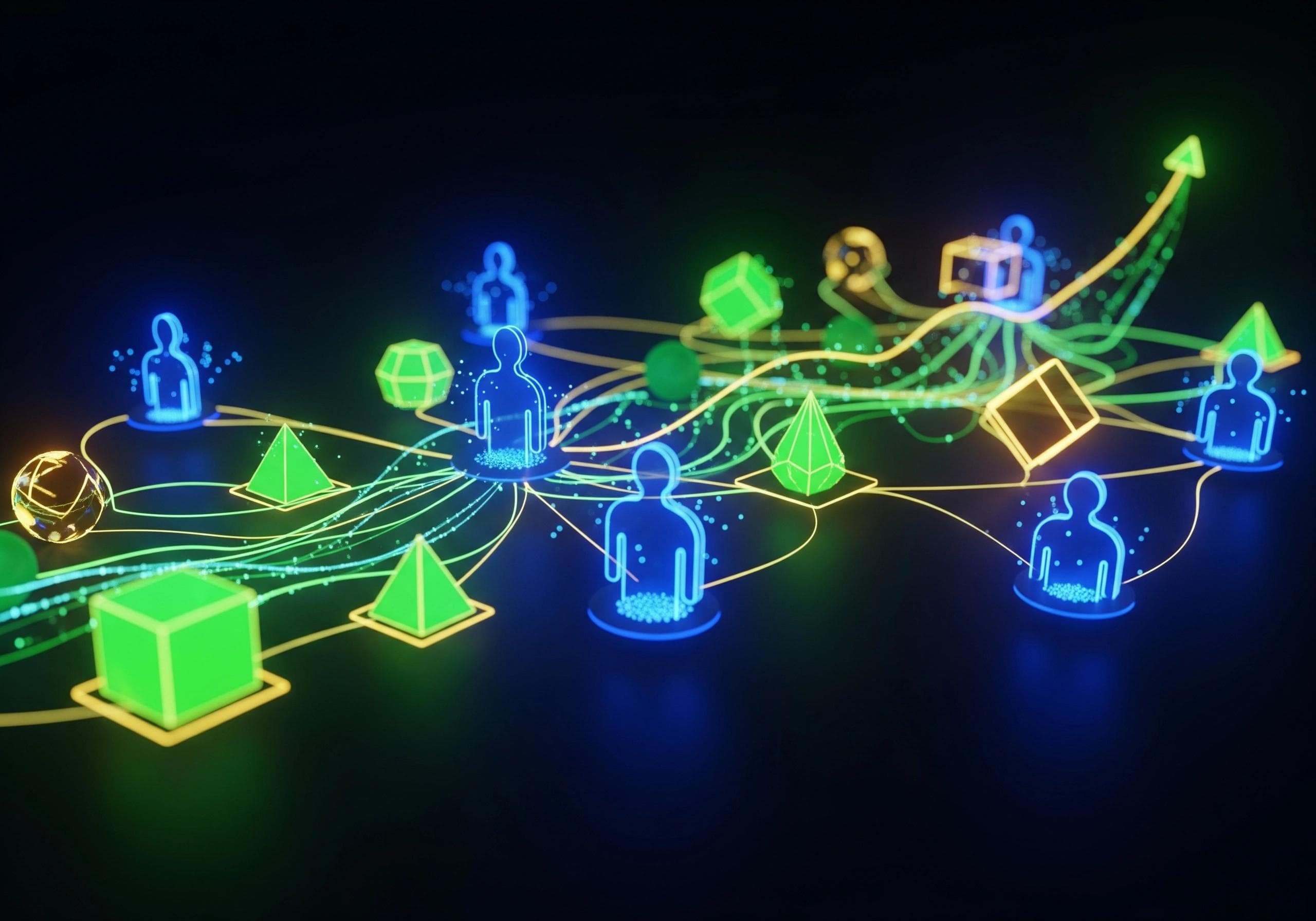 Abstract network of AI caller figures connected by glowing lines.