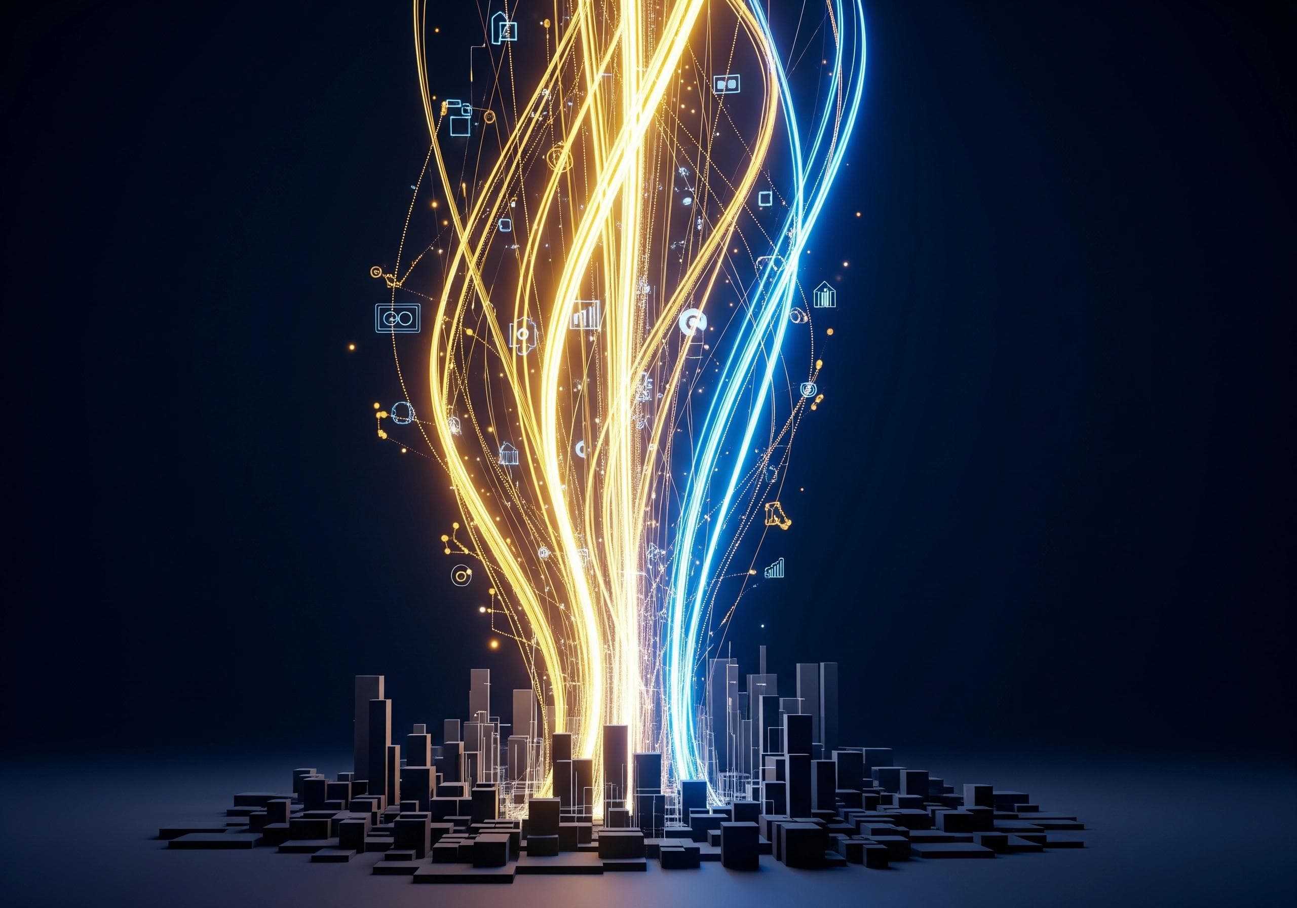 Abstract city with glowing data streams, representing AI-powered communication.