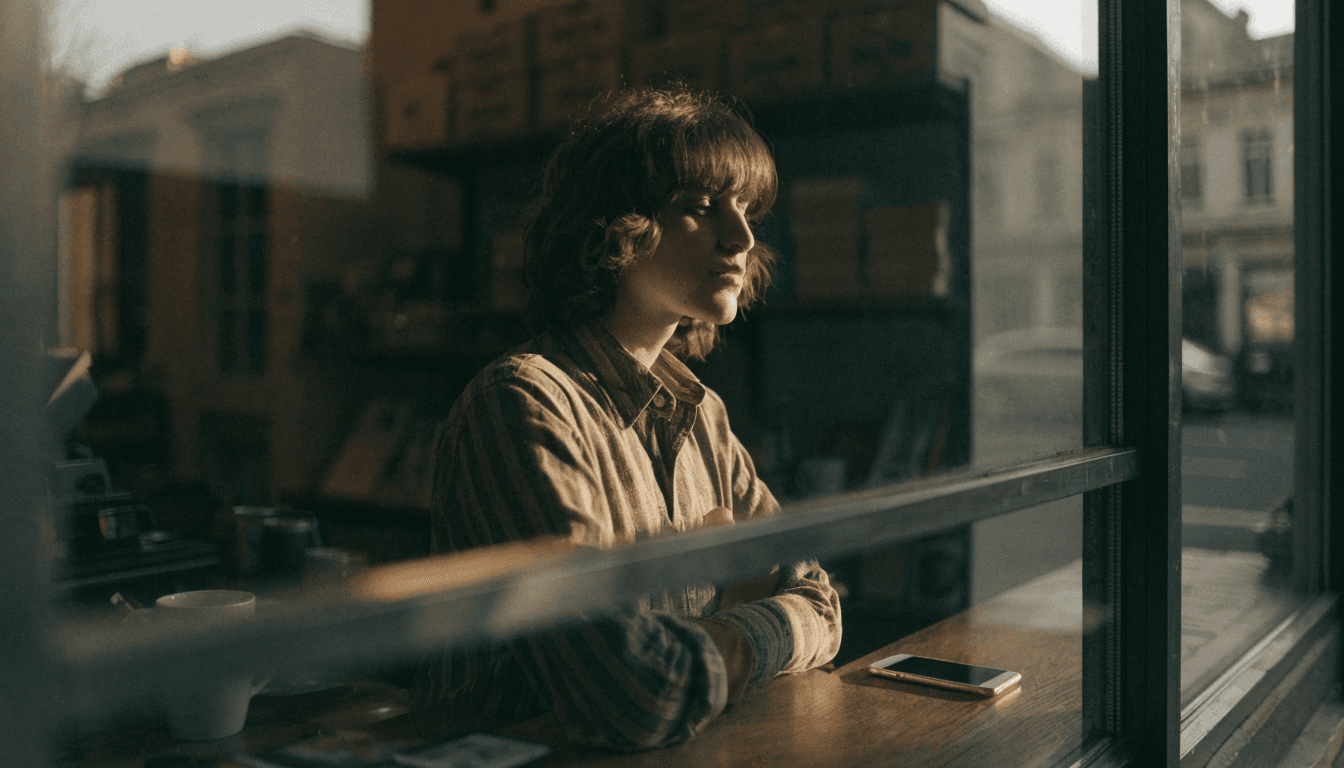 A shop owner considering the phone on their counter in warm afternoon light