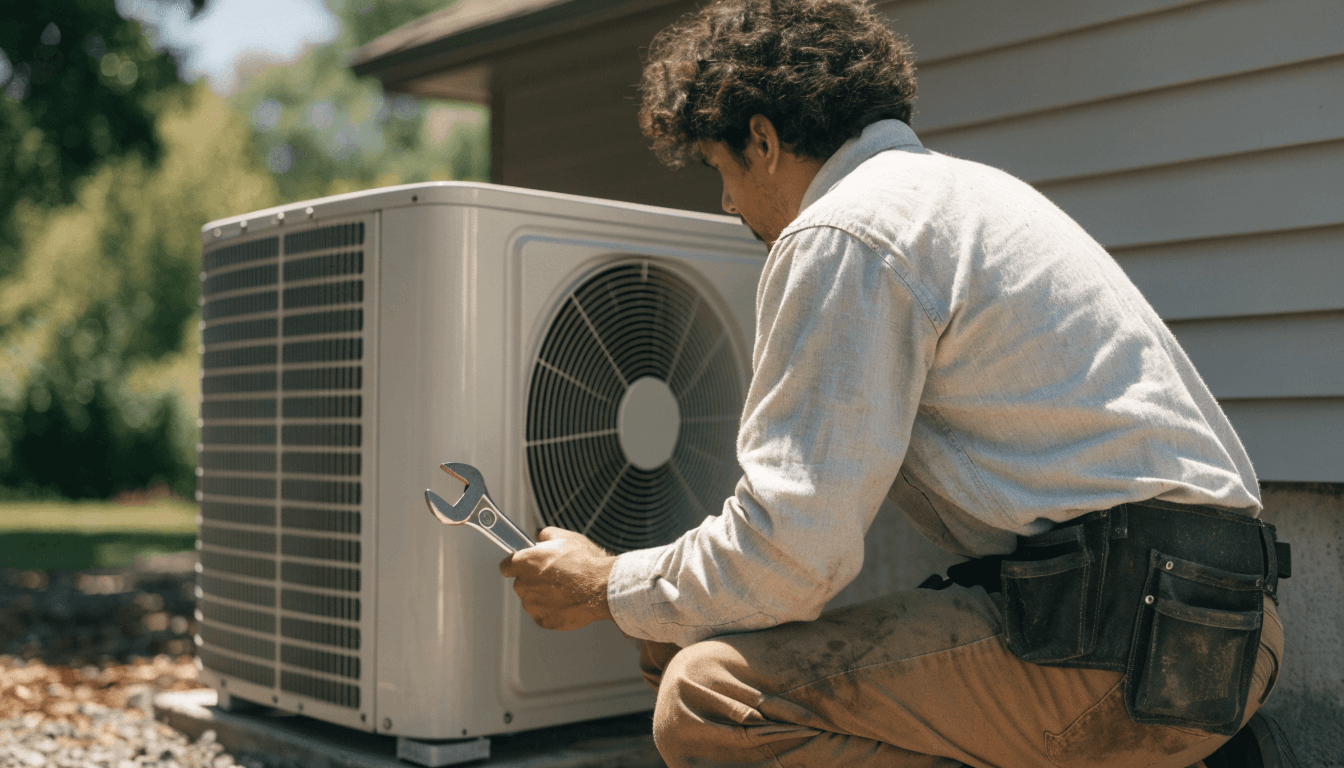 An HVAC technician servicing an outdoor condenser unit on a bright day
